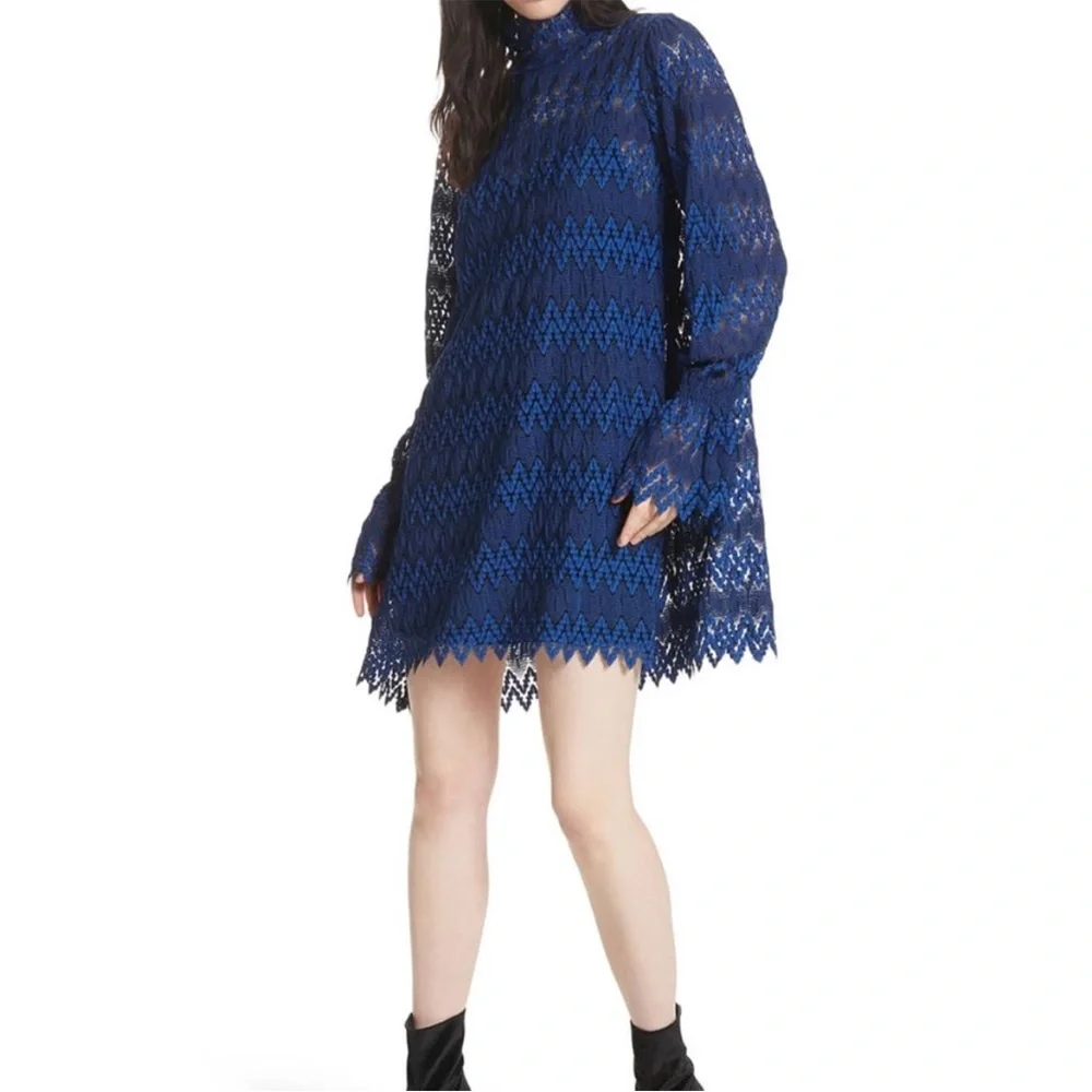Free People Blue Black Lace Simone Bell Sleeve Crochet Dress Sz XS
